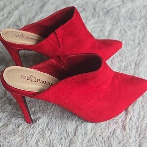 Delicious Cherry Red Suede Pointed-Toe Slip-On Heels Mules, 10